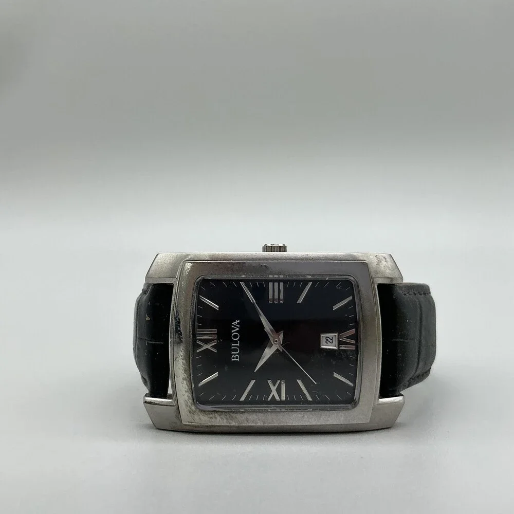 Bulova 96B269 Mens Watch 31mm Tank Silver Tone Black Leather New Battery